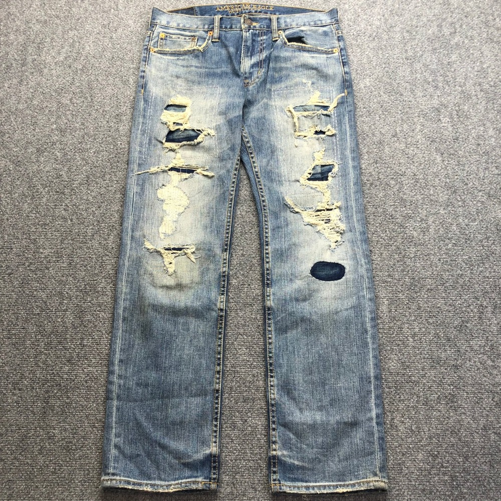 American Eagle Core Flex Distressed Straight Leg Jeans Mens 30x30 Blue Patch